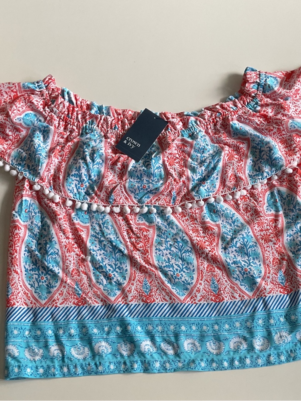 Crown & Ivy Coral & Aqua Off-Shoulder Pom Pom Crop Top PXL NWT